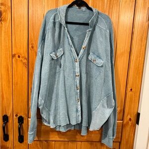 Free People Oversized Blue Button-Up Waffle Knit Shirt